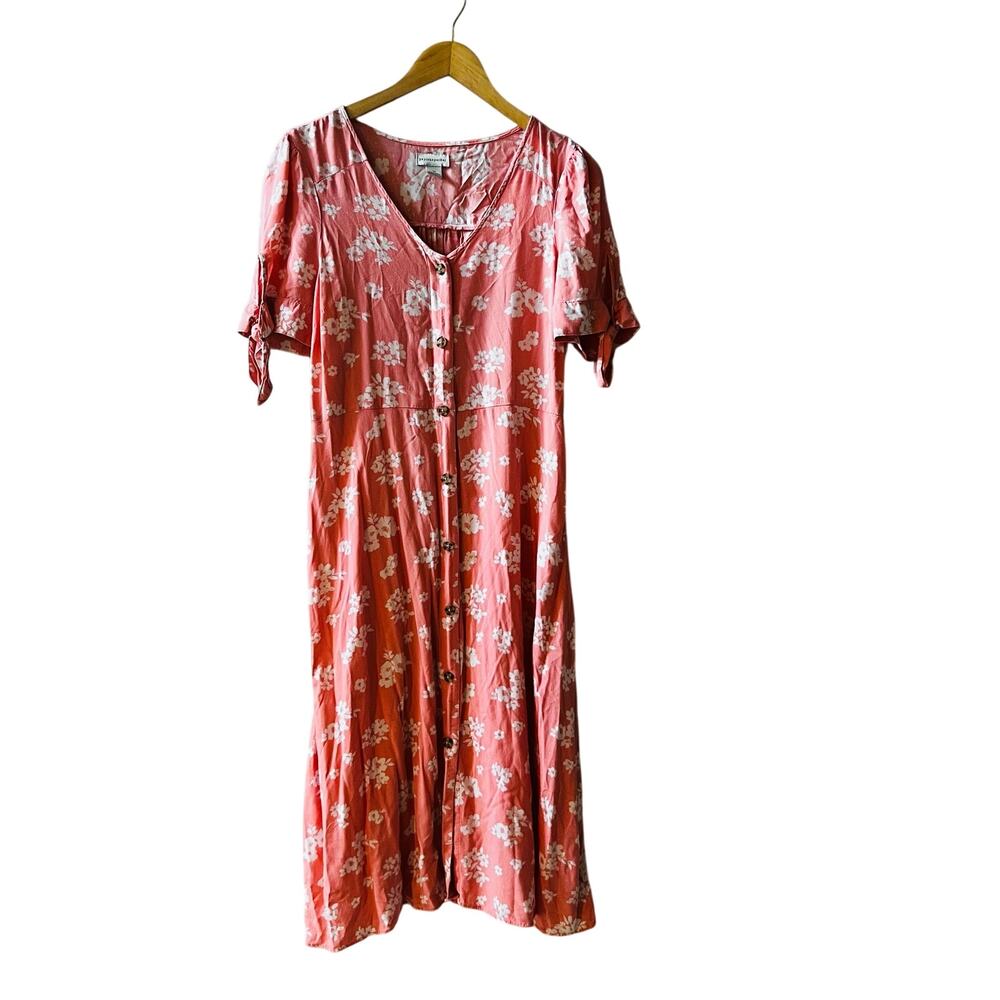 Peyton & Parker Floral Short Sleeve Button Front Midi Dress Size M Medium Coral - Picture 7 of 7